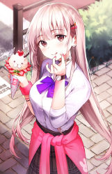 Rule 34 | 1girl, black skirt, blush, breasts, commentary request, food, from above, fruit, grey hair, hair ornament, hairclip, highres, large breasts, long hair, looking at viewer, nail polish, original, outdoors, pink nails, rangu, shirt, skirt, smile, solo, strawberry, tongue, tongue out, white shirt