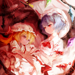 Rule 34 | 2girls, arm rest, bat wings, blonde hair, blue hair, expressionless, eye contact, flandre scarlet, gears, hat, looking at another, lowres, mob cap, multiple girls, open hands, outstretched arms, reclining, red eyes, remilia scarlet, siblings, sisters, smile, touhou, ty-papapa, wings, wrist cuffs