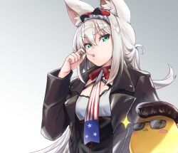 Rule 34 | 1girl, alternate costume, american flag, american flag neckwear, american flag print, animal ears, azur lane, blouse, breasts, candy, criss-cross halter, flag print, food, gradient background, green eyes, grey background, hair between eyes, halterneck, hammann (azur lane), jacket, lefthand, lollipop, long hair, long sleeves, looking at viewer, manjuu (azur lane), mouth hold, neck ribbon, pompadour, ribbon, shirt, silver hair, simple background, small breasts, sparkle, sunglasses, upper body, white background