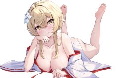 Rule 34 | 1girl, absurdres, alternate breast size, barefoot, blonde hair, blush, breasts, feet, genshin impact, highres, japanese clothes, large breasts, long hair, looking at viewer, lumine (genshin impact), lying, miko, on stomach, radoremo, smile, soles, the pose, toes, white background, yellow eyes