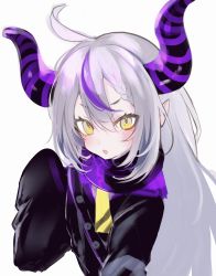 Rule 34 | 1girl, ahoge, asymmetrical hair, black coat, black hair, blush, braid, coat, commentary, demon horns, english commentary, eyelashes, fang, french braid, hair between eyes, highres, hololive, holox, horns, la+ darknesss, la+ darknesss (1st costume), long hair, looking at viewer, multicolored hair, oimo 0imo, open mouth, pointy ears, purple hair, silver hair, simple background, single braid, skin fang, sleeves past fingers, sleeves past wrists, solo, streaked hair, striped horns, upper body, virtual youtuber, white background, yellow eyes