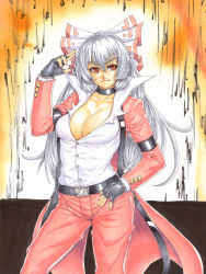 Rule 34 | 1girl, bow, breasts, choker, cleavage, cosplay, female focus, fujiwara no mokou, gloves, hair bow, hair ribbon, highres, houtengeki, jacket, large breasts, long hair, open clothes, red eyes, ribbon, rugal bernstein, rugal bernstein (cosplay), silver hair, solo, the king of fighters, touhou