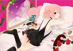 Rule 34 | 10s, 1girl, bad id, bad pixiv id, bed, blueberry, cake, cookie, cupcake, different reflection, food, fruit, inu x boku ss, lying, macaron, mirror, petitbisou, pillow, pink hair, pocky, red eyes, reflection, roromiya karuta, skirt, socks, solo, strawberry, twintails