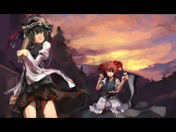 Rule 34 | 2girls, black skirt, closed mouth, crown, dress, female focus, green eyes, green hair, hair bobbles, hair ornament, hat, highres, juliet sleeves, letterboxed, long sleeves, multiple girls, nature, one eye closed, onozuka komachi, outdoors, over shoulder, plant, puffy short sleeves, puffy sleeves, red hair, red ribbon, ribbon, ribbon-trimmed skirt, ribbon trim, rod of remorse, scythe, shiki eiki, shimadoriru, short hair, short sleeves, short twintails, skirt, sky, sunset, touhou, twintails, weapon, weapon over shoulder, white sleeves, wide sleeves