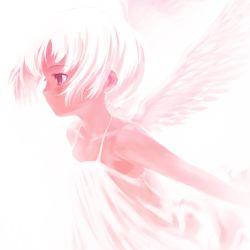 Rule 34 | 1girl, camisole, flat chest, highres, kawata hisashi, monochrome, no lineart, original, pink theme, short hair, solo, wings