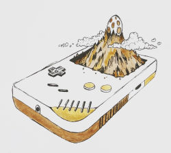 Rule 34 | cloud, egg, game boy, game boy (original), handheld game console, limited palette, mountain, nintendo, no humans, simple background, the legend of zelda, the legend of zelda: link&#039;s awakening, traditional media, white background, willowstration