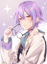 Rule 34 | 1boy, blue hair, blue vest, commentary request, earrings, gold trim, hinata mizuiro, holding, holding removed eyewear, jewelry, kamishiro rui, light blue hair, long sleeves, looking at viewer, male focus, multicolored hair, necklace, project sekai, purple background, purple hair, shirt, single earring, smile, solo, sparkle, streaked hair, two-tone background, unworn eyewear, upper body, vest, white background, white shirt, yellow eyes