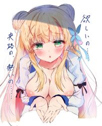 Rule 34 | 1girl, aroused, ashiyu0330, blonde hair, blue bow, blue ribbon, blunt bangs, blush, bow, breasts, breasts out, cleavage, collarbone, commentary, cropped torso, double bun, eyelashes, green eyes, hair bow, hair bun, hair ornament, hair ribbon, heart, heart-shaped pupils, highres, juliet sleeves, kin-iro loveriche, large breasts, long hair, long sleeves, looking at viewer, nipples, no bra, open clothes, open mouth, open shirt, own hands together, puffy sleeves, reaching, reaching towards viewer, ribbon, school uniform, shirt, sidelocks, simple background, sketch, solo, straight-on, sylvia le cruzcrown sortilege sisua, symbol-only commentary, symbol-shaped pupils, translated, upper body, very long hair, white background, white shirt, x hair ornament