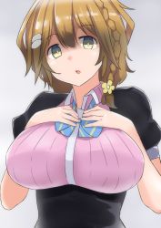Rule 34 | 10s, 1girl, braid, breast suppress, breasts, brown hair, flower, koiwai yoshino, large breasts, looking at viewer, masamune-kun no revenge, open mouth, ribbon, short hair, solo, upper body, yellow eyes