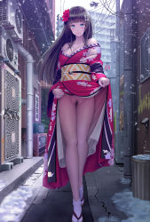 Rule 34 | 1girl, akano murasaki, alley, black hair, blue eyes, blush, breasts, brown hair, cleavage, clothes lift, crt, dress, exhibitionism, facing viewer, female pubic hair, flashing, flower, full body, furisode, graffiti, hair flower, hair ornament, highres, hime cut, japanese clothes, kimono, kimono lift, legs, lifting own clothes, long hair, looking at viewer, medium breasts, new year, no bra, no panties, original, outdoors, power lines, pubic hair, public indecency, smile, snow, snowflake background, snowflakes, snowing, solo, standing, tabi, television, thigh gap, translation request, uncensored