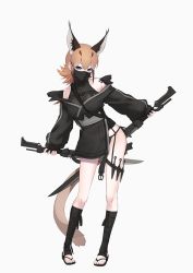 Rule 34 | 1girl, absurdres, alternate costume, animal ear fluff, animal ears, ankle wrap, bare shoulders, blue eyes, breasts, caracal (kemono friends), covered mouth, deku suke, dual wielding, extra ears, fingerless gloves, full body, gloves, hair between eyes, highres, holding, kemono friends, kunai, long hair, long sleeves, looking at viewer, looking to the side, mask, medium breasts, mouth mask, orange hair, pigeon-toed, puffy long sleeves, puffy sleeves, sandals, simple background, smile, solo, standing, sword, tail, thigh strap, toeless legwear, weapon, white background