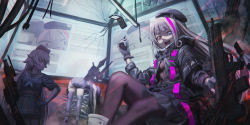 Rule 34 | 3girls, architect (girls&#039; frontline), ass, assault rifle, automatic rifle, battle rifle, beret, black footwear, black gloves, black headwear, black jacket, black legwear, black serafuku, black shirt, black skirt, blue eyes, blue neckerchief, bodystocking, boots, brown sailor collar, bullpup, carbine, cellphone, closed mouth, commentary, desert tech mdr, dinergate (girls&#039; frontline), flip phone, girls&#039; frontline, gloves, grey gloves, gun, hand on own hip, hat, heterochromia, high heel boots, high heels, highres, hironii (hirofactory), jacket, long hair, long sleeves, looking at viewer, lying, mdr (girls&#039; frontline), multicolored hair, multiple girls, name connection, neckerchief, ntw-20 (girls&#039; frontline), object namesake, on stomach, open clothes, open jacket, phone, pink hair, pleated skirt, profile, red eyes, red headwear, rifle, round teeth, sailor collar, school uniform, serafuku, shirt, short sleeves, skirt, streaked hair, teeth, thighhighs, thighhighs under boots, tilted headwear, upper teeth only, very long hair, weapon, white hair