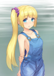 Rule 34 | 1girl, :o, arm at side, arm behind back, bare shoulders, blonde hair, blue eyes, blunt bangs, blush, breasts, buckle, buttons, chestnut mouth, collarbone, cowboy shot, denim, gradient background, green background, hand on own arm, holding own arm, long hair, looking at viewer, naked overalls, original, overalls, shinonome haru, side ponytail, sideboob, sidelocks, simple background, solo, standing, stitches, tareme, very long hair