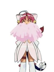 Rule 34 | 1girl, ^ ^, ahoge, animal ears, animal hands, animated, animated gif, bell, bow, braid, cat tail, choker, closed eyes, cosplay, female focus, jingle bell, jumping, lowres, nakahara komugi, nurse witch komugi-chan, pink hair, pom pom (cheerleading), simple background, solo, tail, tail bow, tail ornament, thigh strap, thighhighs, tokyo mew mew, white background, white thighhighs