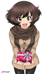 Rule 34 | 1girl, :d, absurdres, acrux, akiyama yukari, anglerfish, artist logo, black pants, black scarf, brown coat, brown eyes, brown hair, casual, coat, commentary, commentary request, dated, emblem, english commentary, fish, fringe trim, girls und panzer, giving, highres, long sleeves, looking at viewer, messy hair, mixed-language commentary, open mouth, pants, scarf, short hair, simple background, smile, solo, standing, textless version, twitter username, valentine, white background, winter clothes