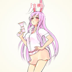 Rule 34 | 1girl, ameyame, animal ears, bad id, bad pixiv id, blush, breasts, collared shirt, finger on trigger, gun, hand on own hip, handgun, highres, legacy of lunatic kingdom, long hair, looking at viewer, looking down, lunatic gun, purple hair, rabbit ears, rabbit girl, rabbit tail, red eyes, reisen udongein inaba, shirt, skirt, solo, tail, touhou, triangle mouth, very long hair, weapon