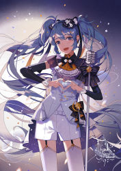 Rule 34 | 1girl, 2017, :d, arm warmers, ascot, black bow, black hairband, blue hair, bow, character name, contrapposto, dated, earrings, fen renlei, garter straps, hair bow, hairband, hatsune miku, head tilt, heart, jewelry, long hair, looking at viewer, microphone, open mouth, purple eyes, see-through, shorts, smile, solo, standing, star (symbol), thank you, thighhighs, twintails, very long hair, vocaloid, white shorts, white thighhighs