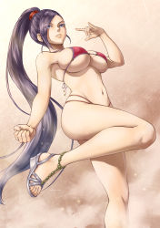 Rule 34 | 1girl, ass, bikini, breasts, clenched hand, closed mouth, commentary request, dragon quest, dragon quest xi, eyelashes, eyes visible through hair, feet, hair tie, highres, large breasts, lioreo, long hair, martina (dq11), navel, ponytail, purple eyes, red bikini, shoes, solo, standing, stomach, swimsuit, toes, very long hair