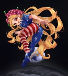 Rule 34 | 1girl, absurdres, ass, black background, blonde hair, breasts, clownpiece, fingernails, full body, hat, highres, jester cap, long fingernails, long hair, looking at viewer, moon, nail polish, neck ruff, open mouth, pantyhose, polka dot, polka dot headwear, purple hat, qwas69, red eyes, red nails, short sleeves, small breasts, smile, solo, star (symbol), star print, striped, toes, touhou, very long hair