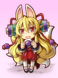 Rule 34 | 1girl, animal ears, bare hips, blonde hair, chibi, eyebrows, fang, fox ears, fox tail, gradient background, hair ornament, hakama, hakama short skirt, hakama skirt, hip vent, izuna (shinrabanshou), japanese clothes, long hair, looking at viewer, miko, multiple tails, open mouth, pigeon-toed, pink background, red eyes, sandals, saru 000, scroll, shinrabanshou, skirt, slit pupils, solo, tail, thick eyebrows, thighhighs, very long hair, white thighhighs, wide sleeves