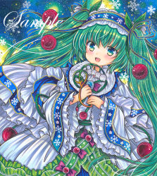 Rule 34 | 1girl, :d, blue brooch, blue eyes, blue hairband, blue ribbon, blush, bow, bowtie, brooch, capelet, dress, flower, food-themed hair ornament, frilled capelet, frilled sleeves, frills, fur-trimmed capelet, fur trim, green hair, green ribbon, hair flower, hair ornament, hair ribbon, hairband, hatsune miku, holding, holding flower, jewelry, leaf, leaf hair ornament, lily of the valley, long hair, long sleeves, looking at viewer, marker (medium), open mouth, purple bow, purple bowtie, ribbon, rui (sugar3), sample watermark, smile, snowbell (flower), snowflake print, solo, traditional media, twintails, very long hair, vocaloid, watermark, white dress, white flower, wide sleeves, yuki miku, yuki miku (2015)