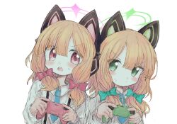 Rule 34 | 2girls, animal ear headphones, animal ears, blonde hair, blue archive, blue necktie, blush, bow, cat ear headphones, closed mouth, collared shirt, controller, eye contact, facing viewer, fake animal ears, game controller, green bow, green eyes, hair bow, halo, hands up, headphones, highres, holding, holding controller, holding game controller, long sleeves, looking at another, looking to the side, medium hair, midori (blue archive), momoi (blue archive), multiple girls, multiple hair bows, necktie, open mouth, pink bow, pink eyes, reitoubeef, shirt, short necktie, siblings, simple background, sisters, sweatdrop, upper body, v-shaped eyebrows, white background, white shirt