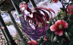 Rule 34 | 1girl, adapted costume, alternate eye color, architecture, braid, china dress, chinese clothes, cloud, cloudy sky, crop top, cup, dress, floral print, flower, garden, hair between eyes, hat, hong meiling, kurosaki sakura, light rays, long hair, midriff, outdoors, print dress, red eyes, red hair, rose, shirt, side slit, sky, smile, solo, tea, teacup, teapot, thighhighs, touhou, twin braids, white shirt, white thighhighs