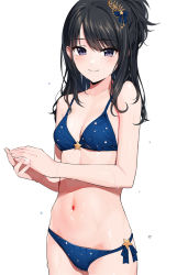 Rule 34 | 1girl, bare arms, bare shoulders, bikini, black hair, blue bikini, blue eyes, blush, breasts, cleavage, closed mouth, gin00, hair ornament, highres, idolmaster, idolmaster shiny colors, kazano hiori, looking at viewer, simple background, small breasts, smile, solo, swimsuit, thighs, white background