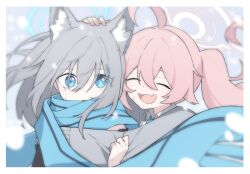 Rule 34 | 2girls, absurdres, animal ears, blue archive, closed eyes, grey hair, halo, highres, hoshino (blue archive), mmhomm, multiple girls, pink hair, scarf, shiroko (blue archive), smile, upper body, wolf ears