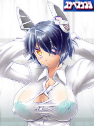 Rule 34 | 10s, 1girl, blush, bra, breasts, bursting breasts, covered erect nipples, deshima shin, eyepatch, green bra, headgear, kantai collection, large breasts, looking at viewer, purple hair, see-through, short hair, solo, straining buttons, tenryuu (kancolle), underwear, upper body, wet, wet clothes, yellow eyes