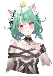 Rule 34 | 1girl, absurdres, ahoge, animal, animal ear fluff, animal ears, animal on head, bare shoulders, bird, bird on head, black choker, black dress, black ribbon, blue hair, blush, bow, breasts, cat ears, chick, choker, closed mouth, cropped torso, dress, ear piercing, ear ribbon, earrings, extra ears, frilled dress, frilled straps, frills, ghost earrings, gradient hair, green hair, hair ornament, hair ribbon, hand up, highres, hololive, jewelry, lace, lace choker, looking at viewer, low neckline, low twintails, medium hair, multicolored hair, off-shoulder dress, off shoulder, on head, piercing, piyoko (uruha rushia), pom pom (clothes), pom pom hair ornament, red eyes, ribbon, rklslred2578, see-through, see-through sleeves, short sleeves, short twintails, skull hair ornament, small breasts, smile, solo, twintails, upper body, uruha rushia, uruha rushia (3rd costume), virtual youtuber, wristband