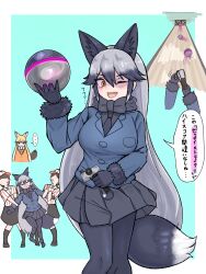 &gt;_&lt; ... 4girls animal_ears aramaru ball baseball_cap black_bow black_bowtie black_fur black_gloves black_hair black_necktie black_pantyhose black_shirt black_skirt black_socks blue_jacket bow bowling_alley bowling_ball bowling_pin bowtie brown_hair collared_shirt ezo_red_fox_(kemono_friends) fox_ears fox_girl fox_tail fur_trim gloves grey_hair hair_between_eyes hat highres jacket kemono_friends long_hair long_sleeves multicolored_hair multicolored_shoes multiple_girls multiple_views necktie open_mouth orange_hair orange_jacket orange_shirt pantyhose pleated_skirt shirt sidelocks silver_fox_(kemono_friends) skirt socks spoken_ellipsis striped_clothes striped_shirt sweatdrop tail translation_request two-tone_shoes vertical-striped_clothes vertical-striped_shirt white_bow white_bowtie white_shirt