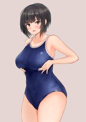 Rule 34 | 1girl, black hair, blue one-piece swimsuit, blush, breast lift, breasts, brown eyes, competition school swimsuit, covered navel, grey background, highres, large breasts, looking at viewer, new school swimsuit, nobita (nbnobita), one-piece swimsuit, open mouth, original, school swimsuit, short hair, solo, standing, swimsuit