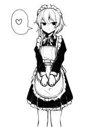 Rule 34 | 1girl, apron, braid, closed mouth, greyscale, heart, highres, izayoi sakuya, long sleeves, looking at viewer, maid, maid apron, maid headdress, monochrome, short hair, simple background, sketch, solo, spoken heart, touhou, twin braids, v arms, yonoisan