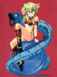 Rule 34 | 1980s (style), 1girl, alien, arm behind head, arm up, armlet, armor, bikini armor, boots, bracelet, full body, green hair, highres, horns, jewelry, kahm, long hair, looking at viewer, manabe jouji, monster, official art, retro artstyle, outlanders, red background, retro artstyle, simple background, sitting, smile, solo, orb