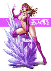 Rule 34 | 1girl, boots, breasts, brown hair, carol ferris, center opening, character name, cleavage, crystal, dc comics, from side, full body, gem, gloves, glowing, green lantern (series), high collar, high heel boots, high heels, highres, jewelry, kenshjn park, knee boots, large breasts, legs apart, leotard, long hair, looking at viewer, navel, on one knee, pink eyes, pink footwear, purple thighhighs, revealing clothes, ring, simple background, solo, sparkle, star sapphire (dc), thigh boots, thighhighs, torn clothes, torn leotard, wavy hair, white background