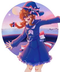 Rule 34 | 1girl, absurdres, anchor hat ornament, bow, braid, brown hair, dress, funamusea, hat, hat bow, hat ornament, highres, long hair, looking at viewer, moony6erry, oounabara to wadanohara, sailor dress, sailor hat, skirt, smile, solo, twin braids, wadanohara, witch, witch hat