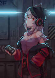 Rule 34 | 1girl, animal ears, arknights, bare shoulders, black headwear, black jacket, black legwear, breasts, cable, cleavage, commentary, cowboy shot, fox ears, frostleaf (arknights), grey shirt, hand in pocket, highres, holding, jacket, long hair, long sleeves, looking at viewer, material growth, nail polish, off-shoulder shirt, off shoulder, oripathy lesion (arknights), raglan sleeves, red eyes, red nails, shirt, silver hair, small breasts, solo, standing, wing (4486066)