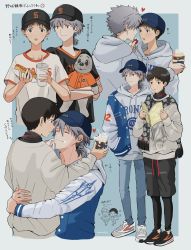 Rule 34 | 2boys, artist request, baseball cap, baseball jersey, black hair, coat, commentary request, cup, doll, food, food on face, hair between eyes, hat, heart, highres, holding, holding cup, holding food, hug, ikari shinji, implied yaoi, jersey, multiple boys, nagisa kaworu, neon genesis evangelion, pamphlet, smile, translation request, white hair