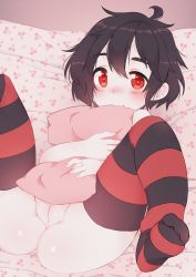 Rule 34 | 1girl, :3, bed sheet, biting, black hair, blush, cherry print, cleft of venus, feet, female focus, food print, heart, heart-shaped pupils, highres, hugging object, legs up, looking at viewer, lying, niniidawns, nude, on back, original, pillow, pillow hug, pussy, red eyes, short hair, smile, solo, spread legs, striped clothes, striped thighhighs, symbol-shaped pupils, thighhighs, uncensored