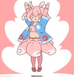 Rule 34 | 1girl, belt, blush, coroha, fins, happi, head fins, japanese clothes, japanese pancake devilfish (kemono friends), jumping, kemono friends, looking at viewer, navel, open mouth, pantyhose, pink background, pink hair, pink shirt, pink skirt, shirt, shoes, short hair, simple background, skirt, solo