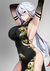 Rule 34 | 1girl, absurdres, arlecchino (genshin impact), armpits, arms up, bare shoulders, black dress, black eyes, black hair, black hands, blush, breasts, china dress, chinese clothes, dragon print, dress, genshin impact, gold trim, gradient skin, highres, large breasts, long hair, looking at viewer, multicolored hair, pelvic curtain, red pupils, side slit, sideboob, solo, streaked hair, sweat, symbol-shaped pupils, tian kazuki, variant set, white hair, x-shaped pupils