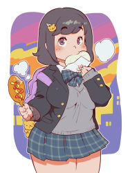 Rule 34 | 1girl, bite mark, black hair, blush, breasts, corn dog, cowboy shot, eating, food, food in mouth, food request, grey sweater, hair ornament, hairclip, highres, holding, holding food, jacket, looking at viewer, medium breasts, medium hair, original, outline, plump, purple eyes, sanjiro (tenshin anman), sleeves past wrists, solo, sweater, thick thighs, thighs, white outline