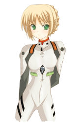 Rule 34 | 1girl, artoria pendragon (all), artoria pendragon (fate), ayanami rei, ayanami rei (cosplay), breasts, cosplay, fate/stay night, fate (series), neon genesis evangelion, plugsuit, saber (fate), simple background, small breasts, solo