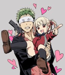 Rule 34 | 1boy, 1girl, aged down, black suit, blindfold, blonde hair, blue bow, blue bowtie, bow, bowtie, brown footwear, carrying, child, clenched teeth, collared shirt, formal, green hair, grey background, gun, hana (paku splosion), handgun, hawaiian shirt, heart, highres, kneehighs, loafers, looking at viewer, lycoris recoil, majima (lycoris recoil), nishikigi chisato, open mouth, pointing, pointing at viewer, princess carry, red eyes, school uniform, shirt, shoes, short hair, short sidetail, side ponytail, simple background, smile, socks, suit, teeth, upper body, weapon