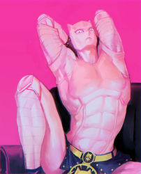 Rule 34 | abs, arms up, couch, jojo no kimyou na bouken, killer queen, male focus, no humans, pink background, pink theme, sitting, slit pupils, solo, stand (jojo), yu wan