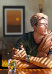 Rule 34 | 1boy, alcohol, blonde hair, blue shirt, brown eyes, cover, cup, drinking glass, unworn eyewear, glass, holding, holding removed eyewear, indoors, jujutsu kaisen, male focus, maoyaoyao519, nanami kento, photo (object), picture frame, shirt, short hair, short sleeves, solo, sunglasses, upper body, watch, whiskey, wristwatch