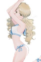 Rule 34 | 1girl, ankle ribbon, armpits, arms up, artist name, bikini, blonde hair, blue ribbon, blue sailor collar, blush, bow, hair bow, handa roco, haruakip, highres, idolmaster, idolmaster million live!, idolmaster million live! theater days, leg ribbon, long hair, looking at viewer, ribbon, sailor collar, sailor swimsuit (idolmaster), side-tie bikini bottom, simple background, solo, standing, standing on one leg, swimsuit, twintails, white background, yellow eyes