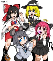 Rule 34 | 4girls, :d, animal ears, apron, ascot, basket, bibian (cookie), black gloves, black hair, black headwear, black ribbon, black skirt, black vest, blonde hair, blue ascot, blue eyes, blush, bow, breasts, buttons, clenched hand, collared shirt, commentary request, cookie (touhou), crystal, dated, demon girl, demon tail, demon wings, detached sleeves, fake nyon (cookie), feet out of frame, frilled bow, frilled hair tubes, frills, gloves, grey hair, grey hoodie, hair between eyes, hair bow, hair tubes, hakurei reimu, halo, hat, hat bow, head wings, holding, holding notebook, holding pencil, hood, hood down, hoodie, jewelry, kinu (cookie), kirisame marisa, koakuma, long hair, long sleeves, looking at viewer, medium bangs, mouse (animal), mouse ears, mouse girl, mouse tail, mugi (cookie), multiple girls, nazrin, neck ribbon, necktie, notebook, open mouth, pencil, pendant, poison, puffy short sleeves, puffy sleeves, red bow, red eyes, red hair, red necktie, red shirt, red skirt, ribbon, ribbon-trimmed sleeves, ribbon trim, shirt, short hair, short sleeves, sidelocks, simple background, skirt, skirt set, sleeveless, sleeveless shirt, small breasts, smile, tail, teeth, tetugakuzonbi, touhou, upper teeth only, v-shaped eyebrows, vest, waist apron, white apron, white background, white bow, white shirt, white sleeves, wide sleeves, wings, witch hat, yellow halo