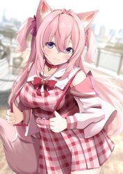 Rule 34 | 1girl, absurdres, alternate costume, alternate hairstyle, animal ear fluff, animal ears, antenna hair, breasts, closed mouth, dress, hakui koyori, highres, hololive, kamesys, large breasts, long hair, looking at viewer, pink hair, pink tail, plaid, plaid dress, smile, solo, tail, virtual youtuber, wolf ears, wolf girl, wolf tail
